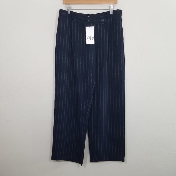 NWT Zara High Rise Wide Leg Striped Dress Pants Blue Size L - Picture 1 of 8